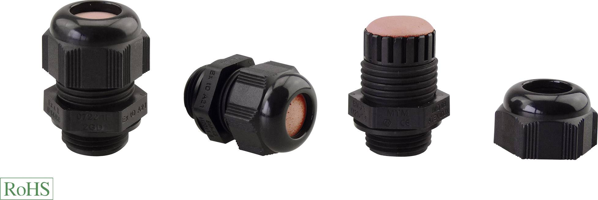 Verschiedene schwarze Kabelverschraubungen mit orangen Dichtungen in verschiedenen Ansichten; RoHS-konform.
