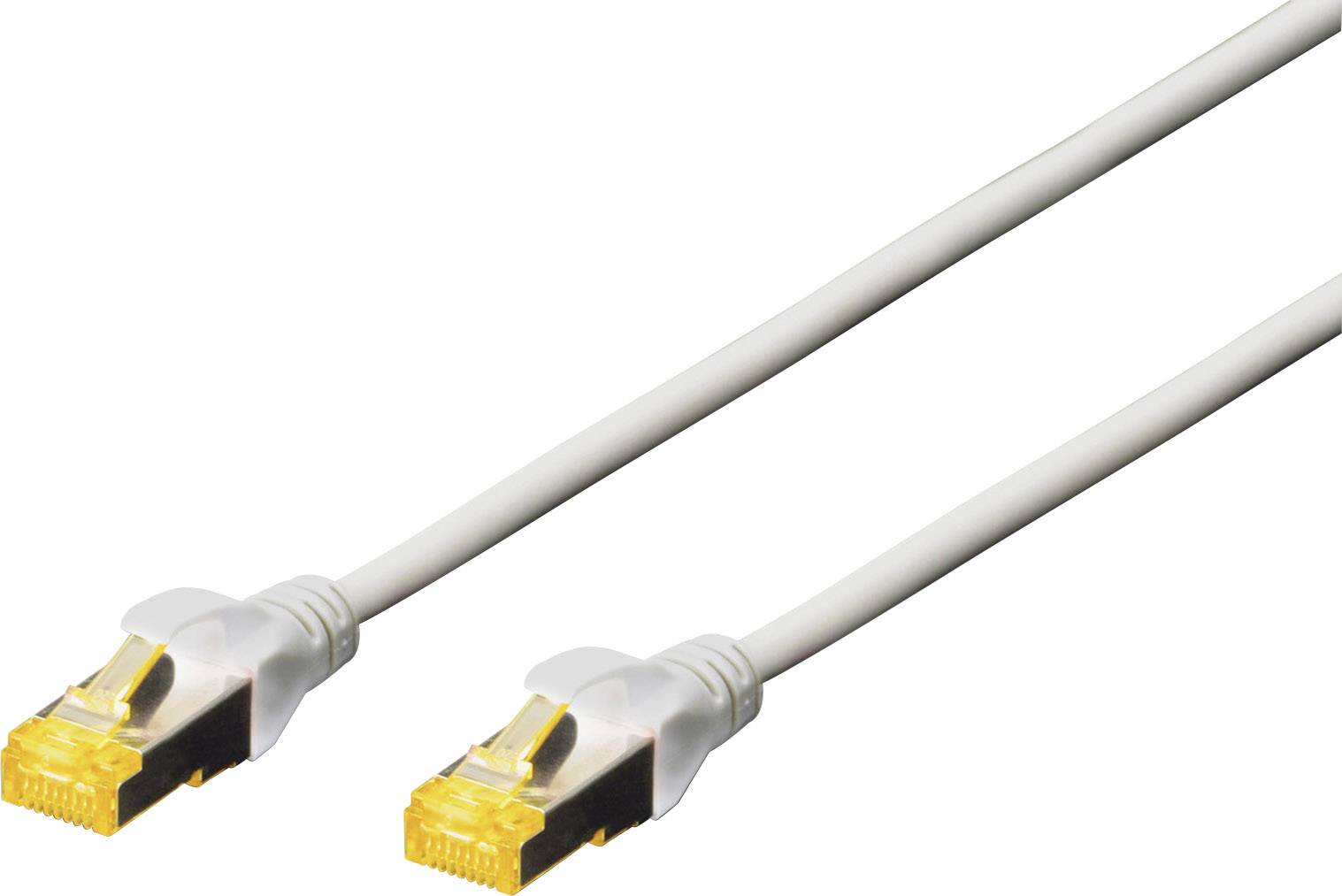 Zwei weiße Ethernet-Kabel mit gelben Steckern für Datenverbindungen und Netzwerke.