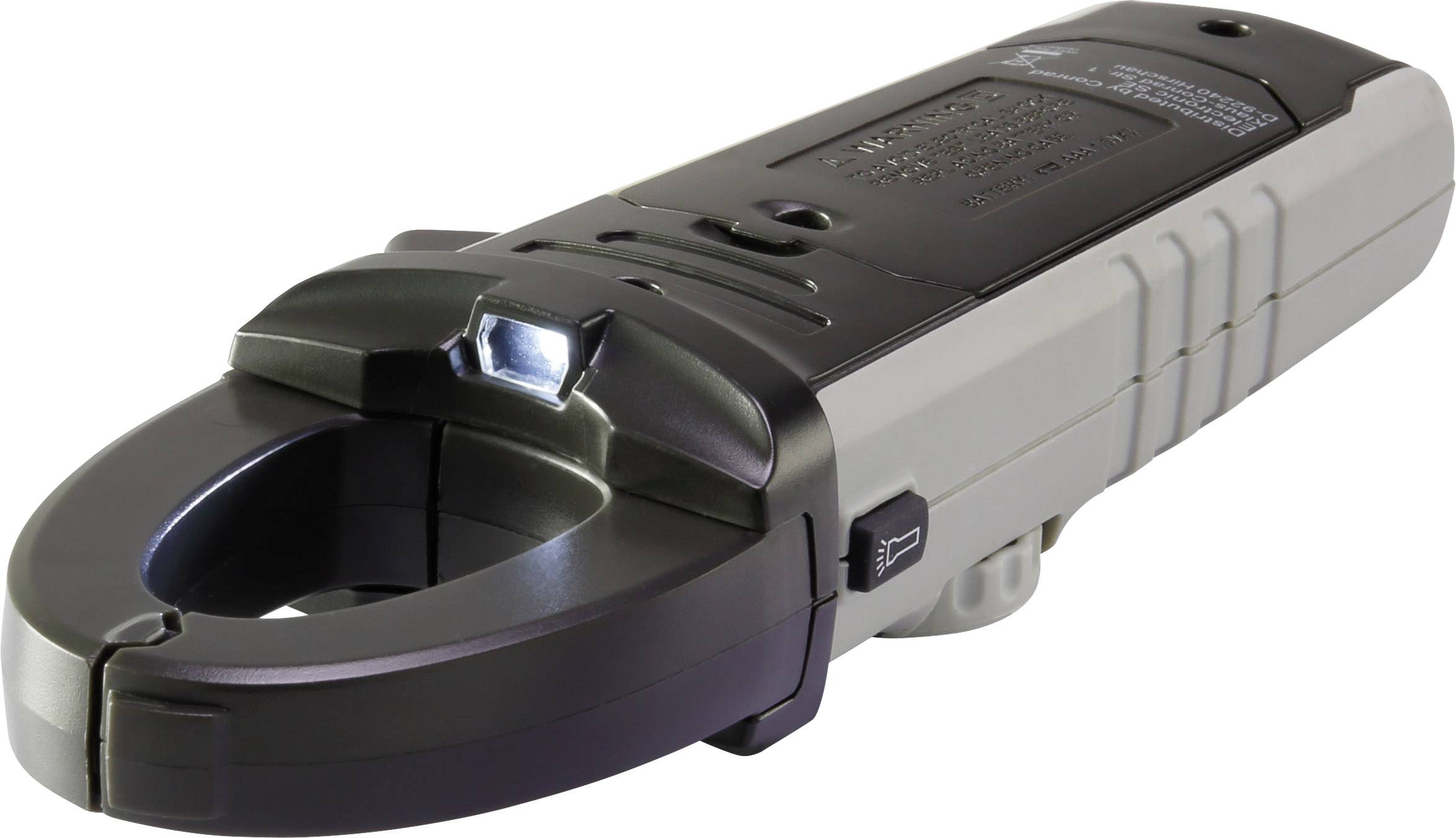 Ein Zangenamperemeter mit LED-Licht zur Messung von elektrischen Strömen. Ergonomisch geformt, kompakt und tragbar.