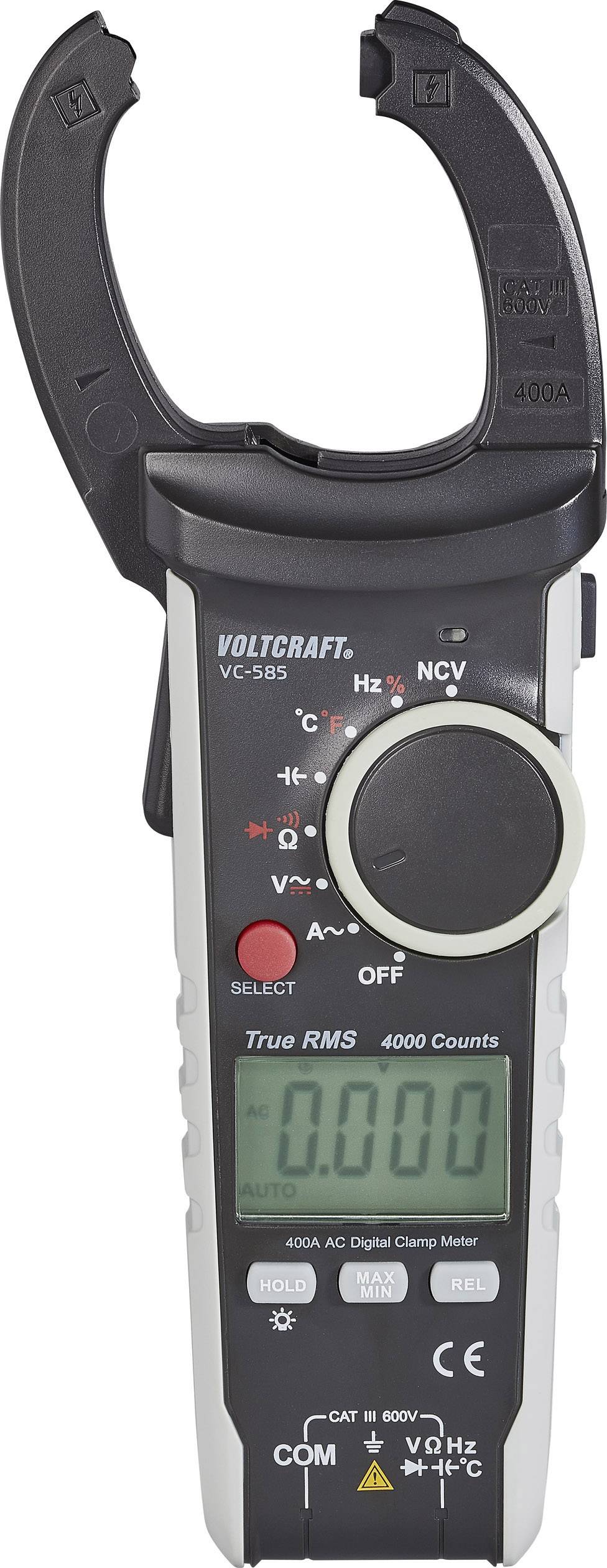 Strommesszange mit offenem Messbereich, LCD-Anzeige zeigt '0.000', Knöpfe zur Moduswahl und Funktionseinstellung sind sichtbar, geeignet für AC/DC-Messungen.