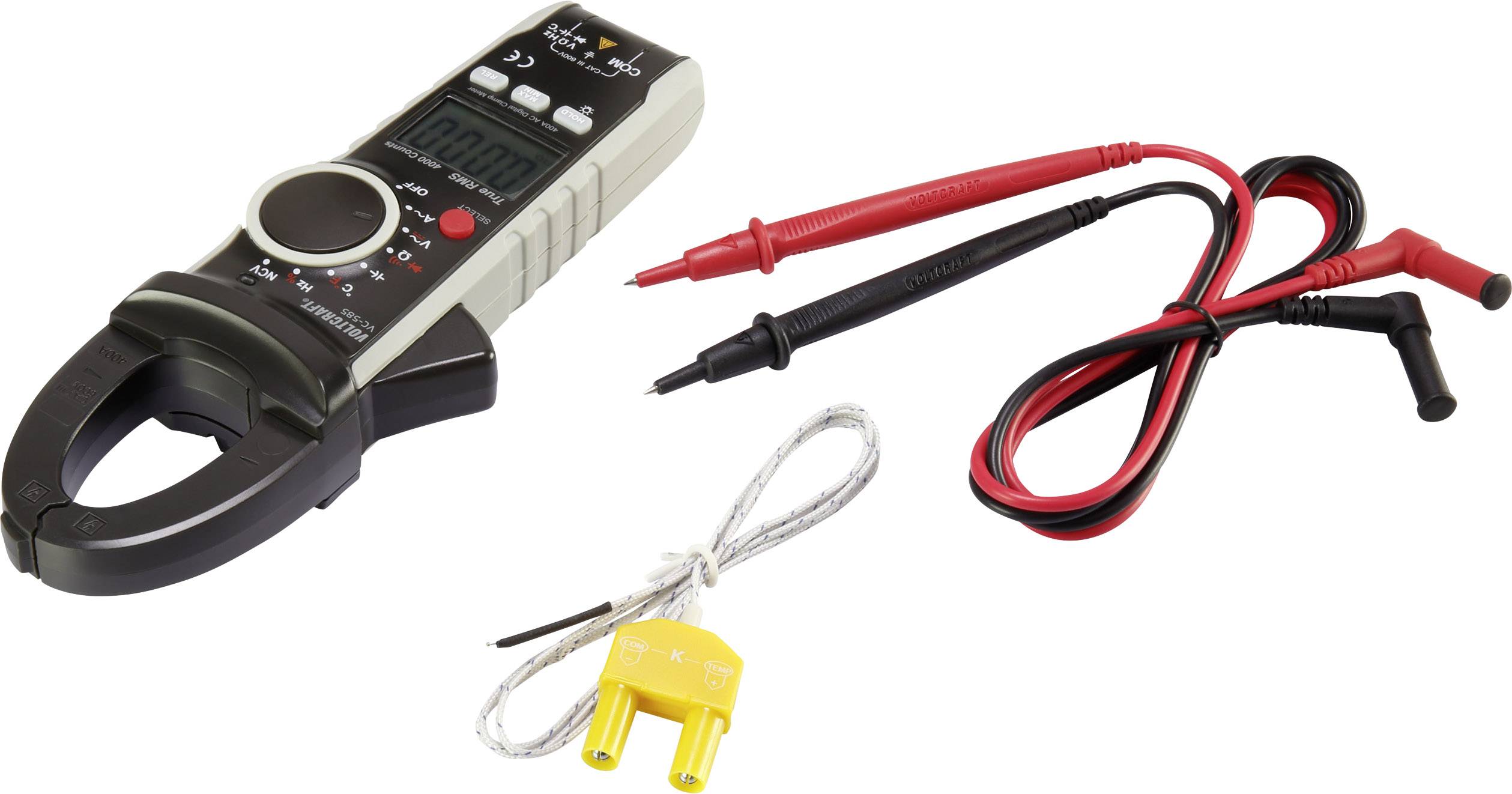 Ein digitales Multimeter mit Klemmen und Sonden zur Messung elektrischer Werte, einschließlich einem gelben Temperatursensor.