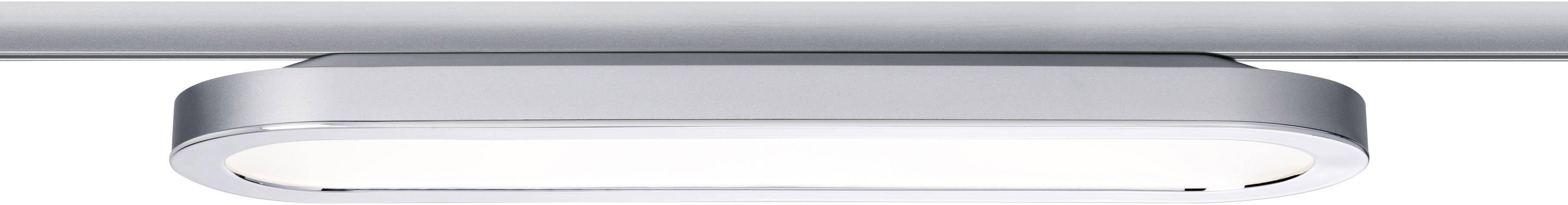 Silberne, ovale Deckenleuchte an einer Metallstange montiert.