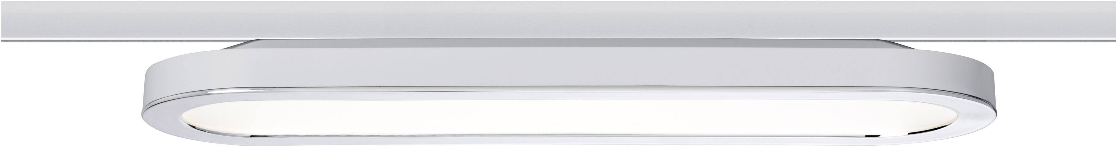 Silberne, rechteckige Deckenleuchte mit abgerundeten Ecken, angebracht an einer Schiene. Sie leuchtet hell und gleichmäßig.