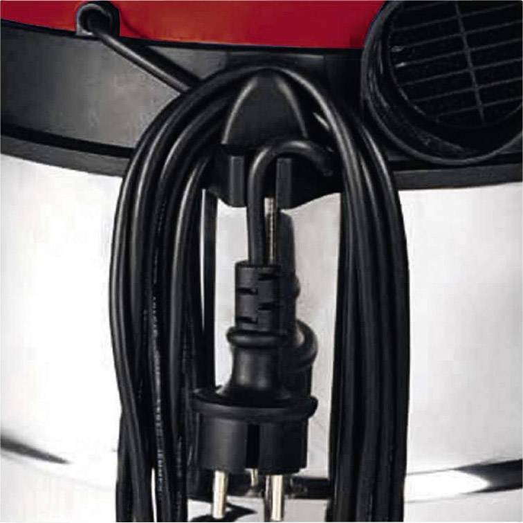 Ein Staubsauger mit aufgewickeltem Netzkabel und schwarzem Stecker ist teilweise sichtbar.