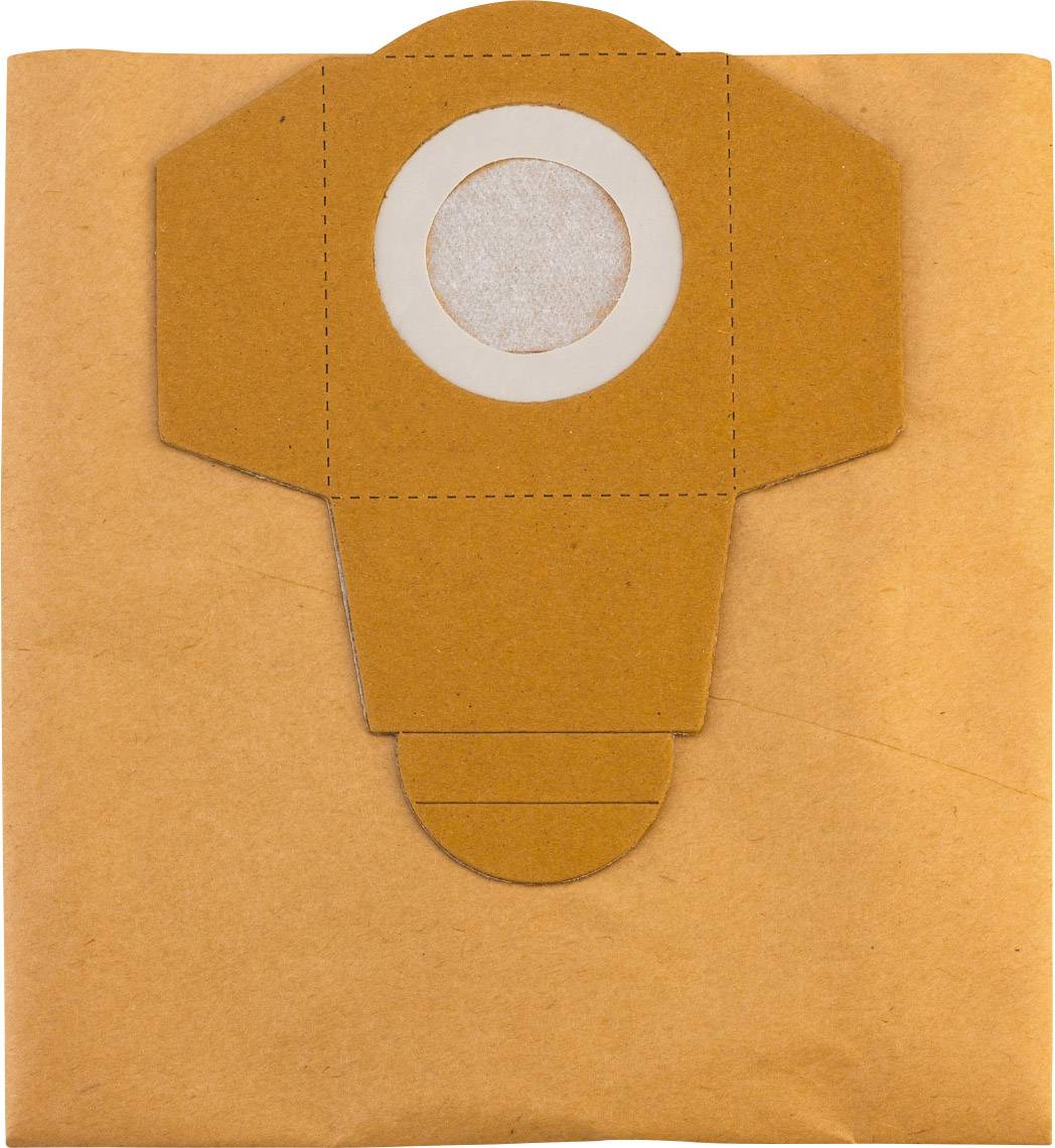 Eine braune Staubsaugerbeutel mit abgerundetem Verschluss. Das zentrale weiße Kreiselement dient als Einlassöffnung für Staub.