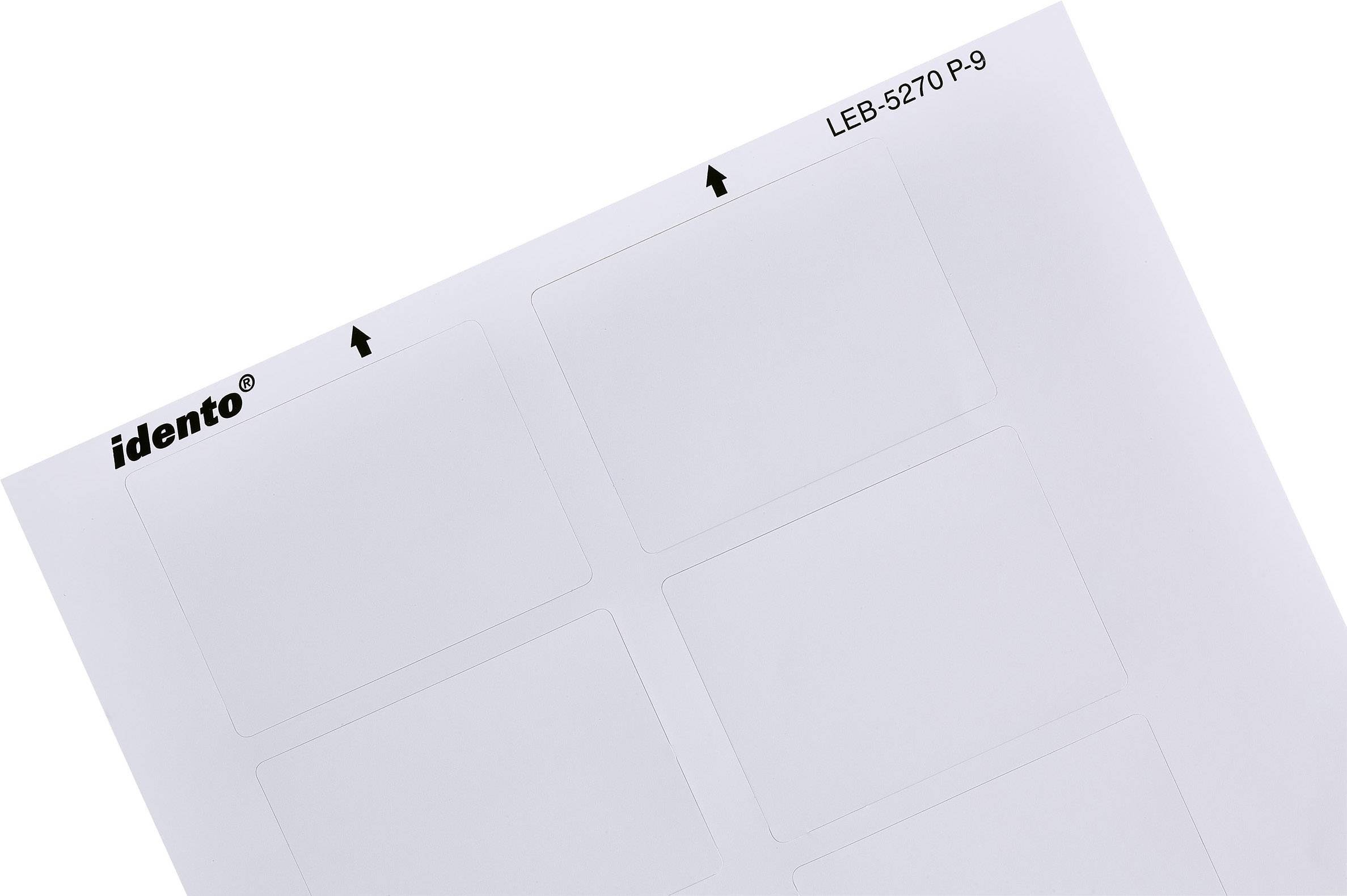Weiße Etikettenblatt mit sechs rechteckigen Etiketten auf A4-Papier. Oben sind Pfeile und die Aufschrift 'LEB-5270 P-9' zu sehen.