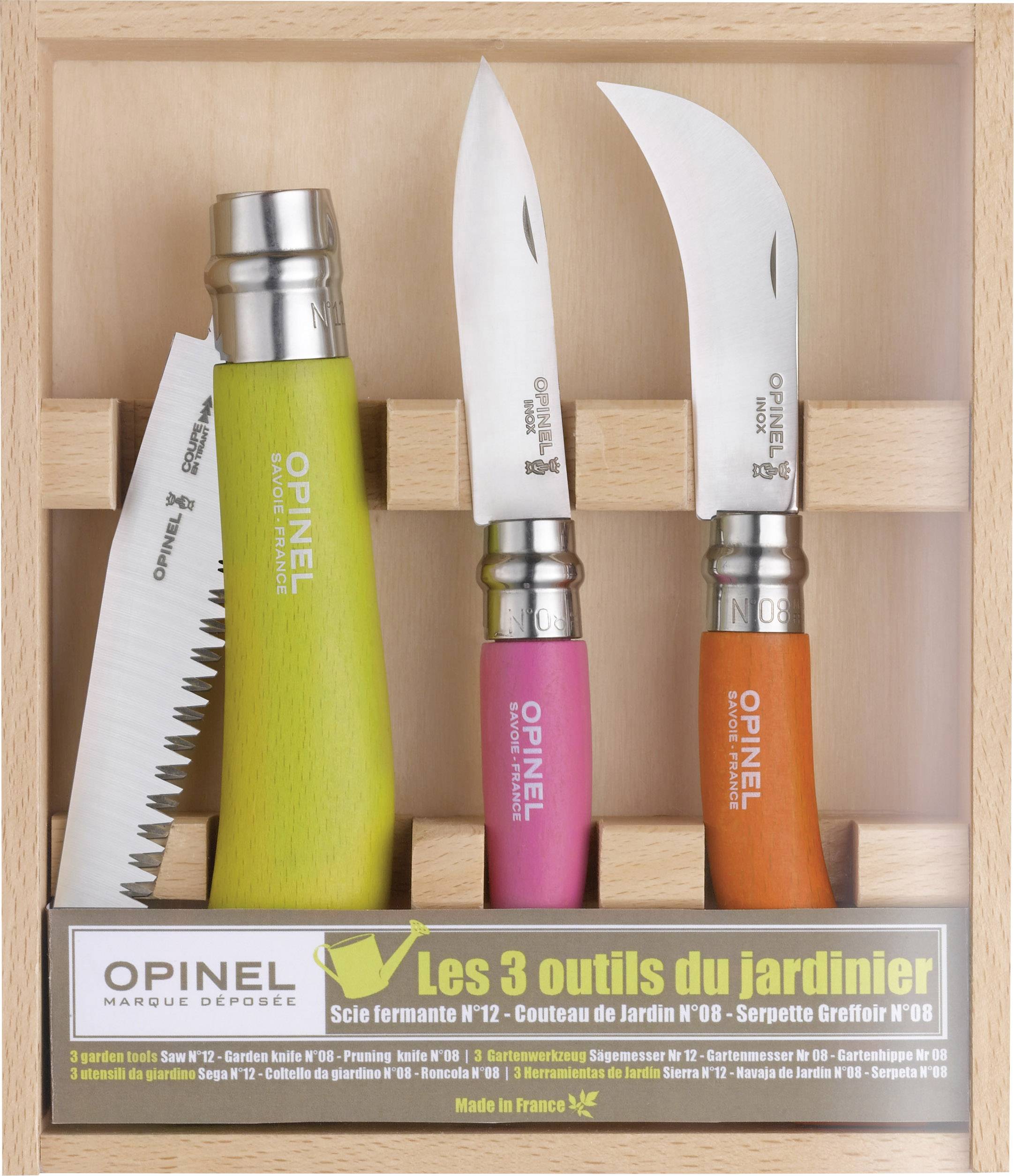 Opinel 254274 Gärtnermesser-Set mit Aufbewahrungsbox Grün, Rosa, Orange, Chrom