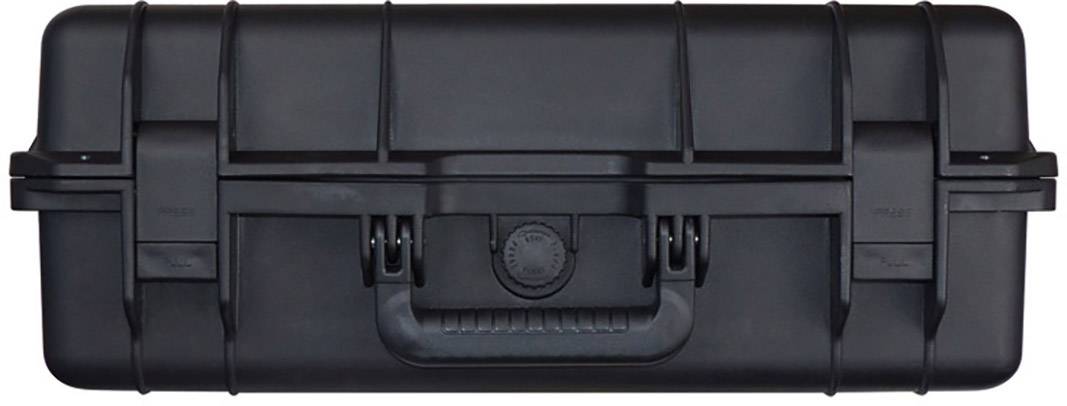 Ein schwerer, schwarzer Schutzkoffer mit robustem Design und einem zentralen Tragegriff. Ideal für sensible Ausrüstung.