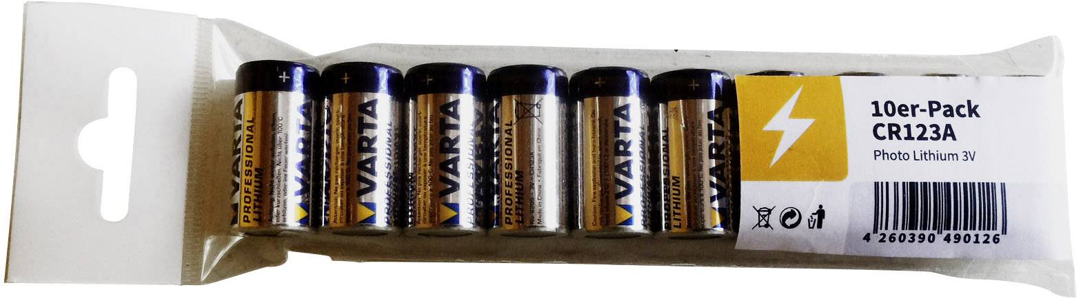 Packung mit zehn CR123A-Photo-Lithium-Batterien der Marke Varta, angeordnet in einer Reihe innerhalb einer weißen Verpackung.