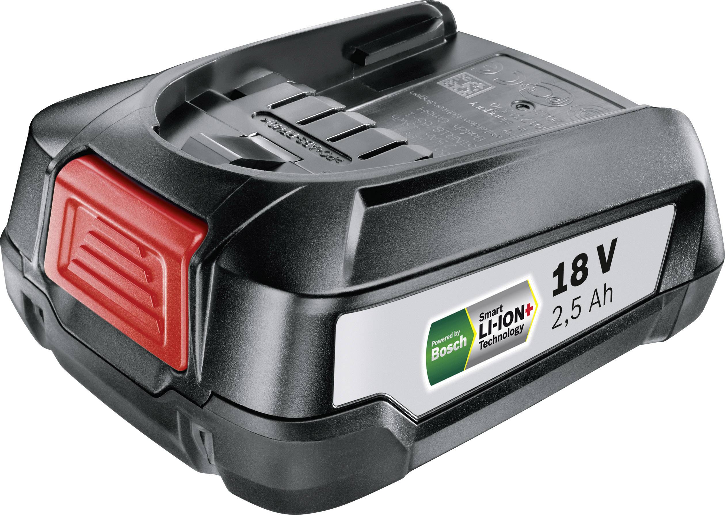 Ein Bosch 18V Akku mit 2,5 Ah Kapazität, geeignet für kabellose Werkzeuge. Schwarzes Gehäuse mit rotem Akzent an der Vorderseite.