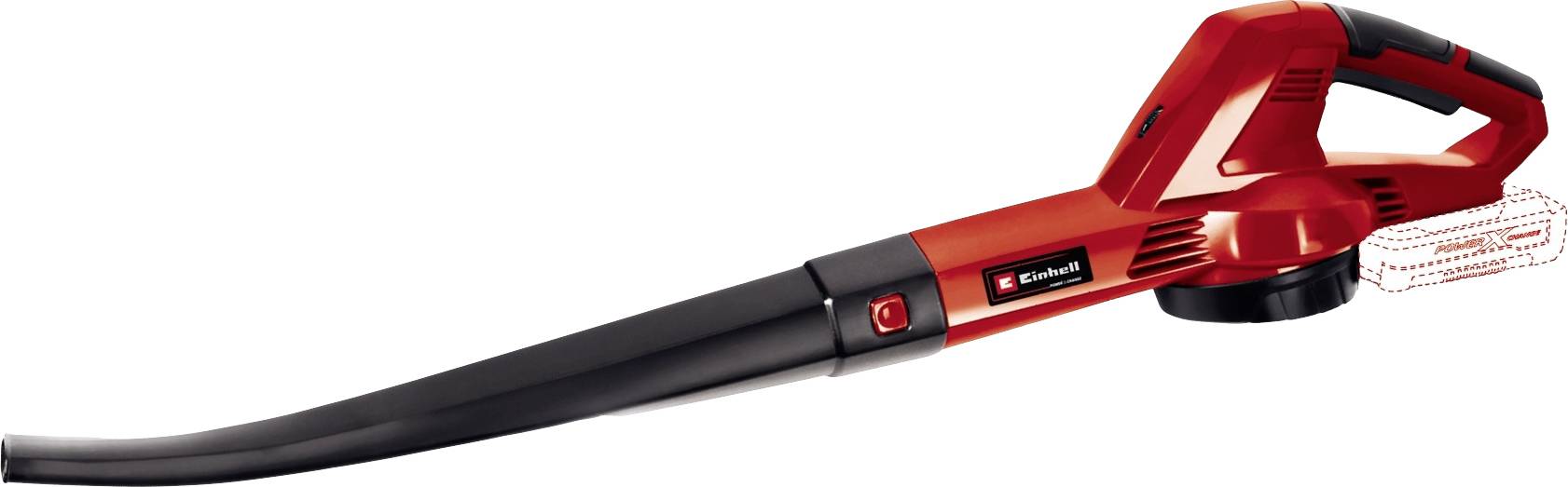 Ein roter Laubbläser mit schwarzem Griff und langem Ausblasrohr, designt für die Reinigung von Gärten und Gehwegen.