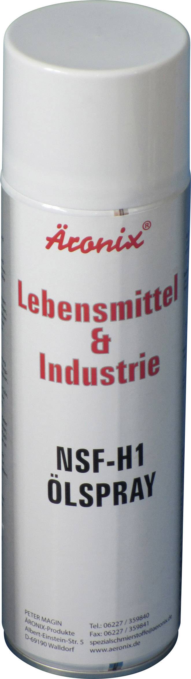 Eine weiße Sprühdose mit rotem und schwarzem Text 'Lebensmittel & Industrie NSF-H1 Ölspray' auf der Vorderseite.