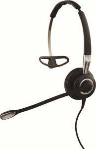 Ein schwarzes einohriges Headset mit Mikrofon und Ohrpolster, geeignet für Kommunikation und Geschäftszwecke.