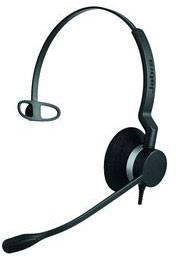 Ein schwarzes Headset mit einem Ohrbügel und einem Mikrofonarm. Darauf steht der Markenname.