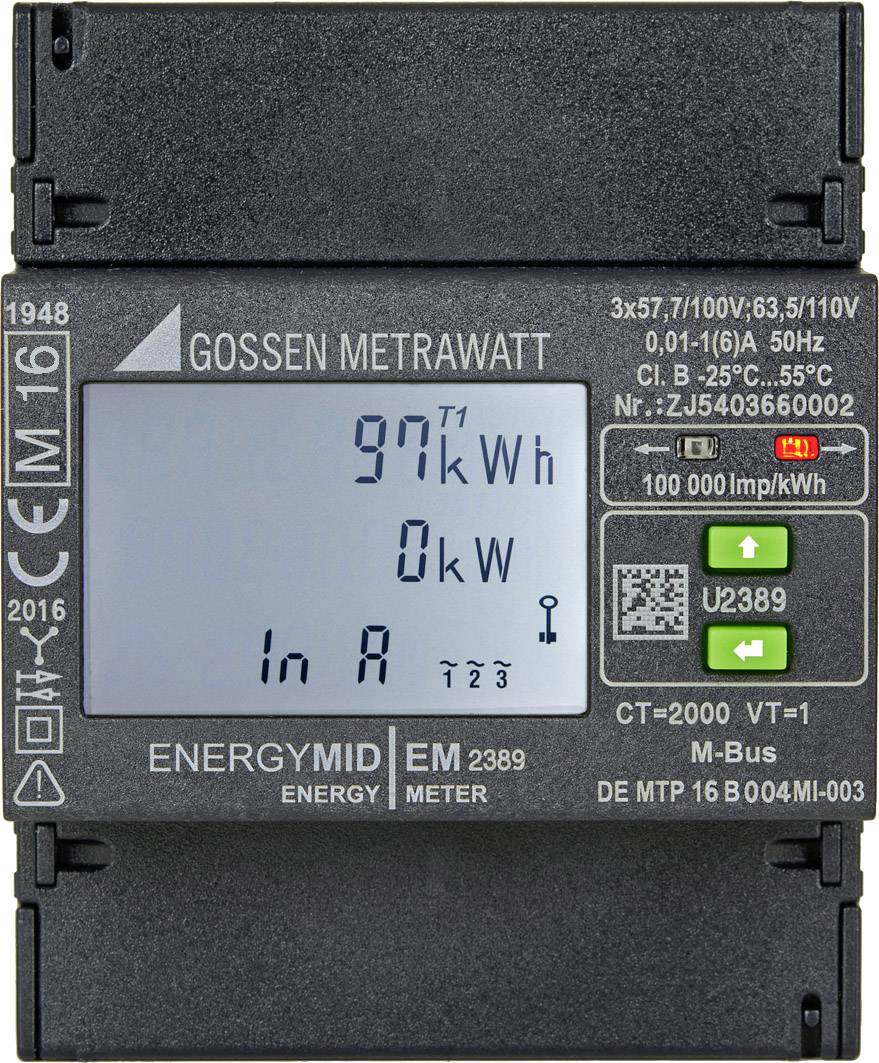 Ein digitales Energiemessgerät zeigt 97 kWh und 0 kW an. Es hat mehrere Anschlüsse und Knöpfe mit technischem Text und Symbolen.