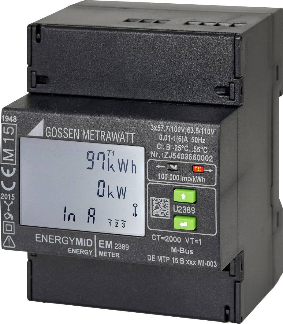 Elektrizitätszähler mit digitalem Display zeigt '97 kWh' und '0 kW'. Modellnummer und technische Details am Gehäuse sichtbar.