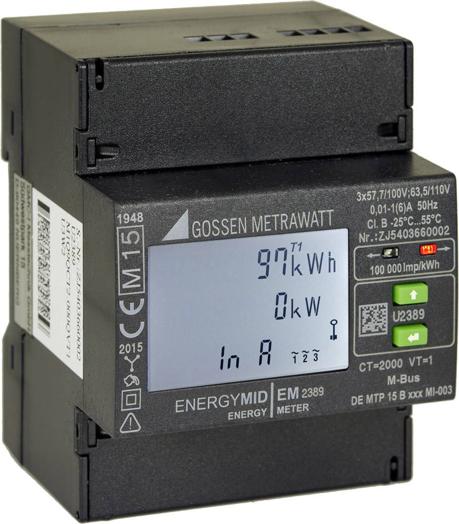 'Gossen Metrawatt Energymid EM 2389' Energiezähler mit digitalem Display zeigt 97 kWh, 0 kW Leistung. Maße und Schaltzeichen sichtbar.