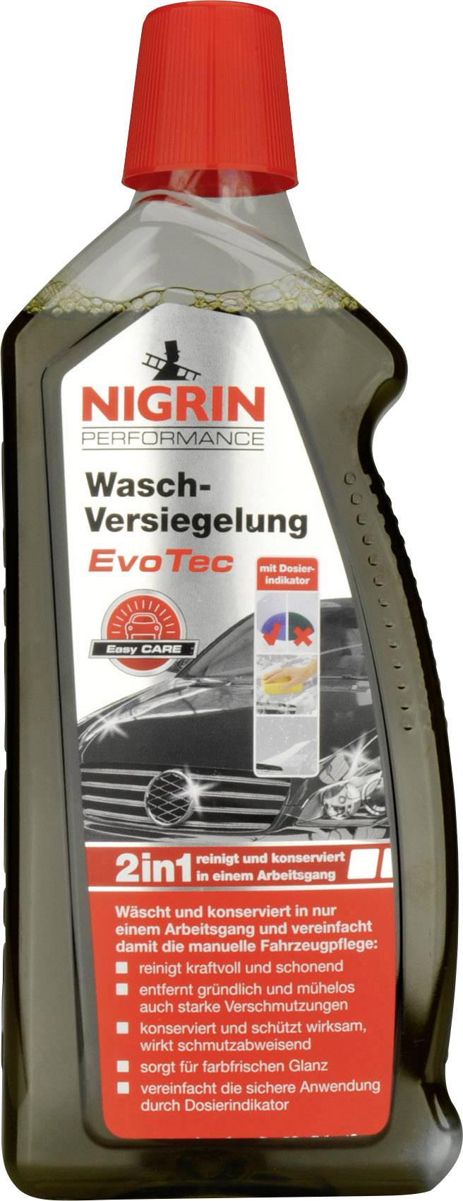 Eine Flasche Nigrin Performance Wasch-Versiegelung EvoTec. Das Etikett zeigt ein Auto und beschreibt die 2in1 Reinigungs- und Versiegelungsfunktion.