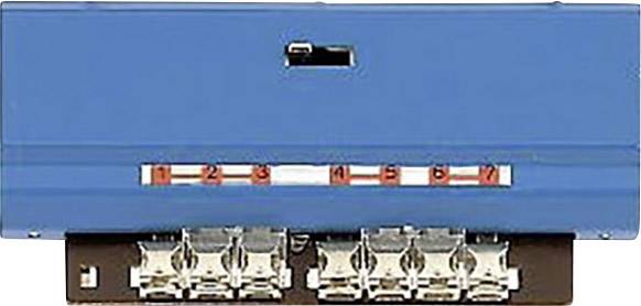 Blaues elektrisches Gerät mit acht nummerierten Anschlüssen. Es scheint zur Daten- oder Telekommunikation verwendet zu werden.
