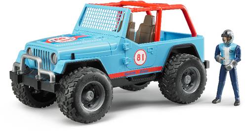 Blauer Spielzeug-Jeep mit rotem Überrollkäfig und Rennsymbolen, neben einer kleinen Actionfigur in einem Rennanzug und Helm.