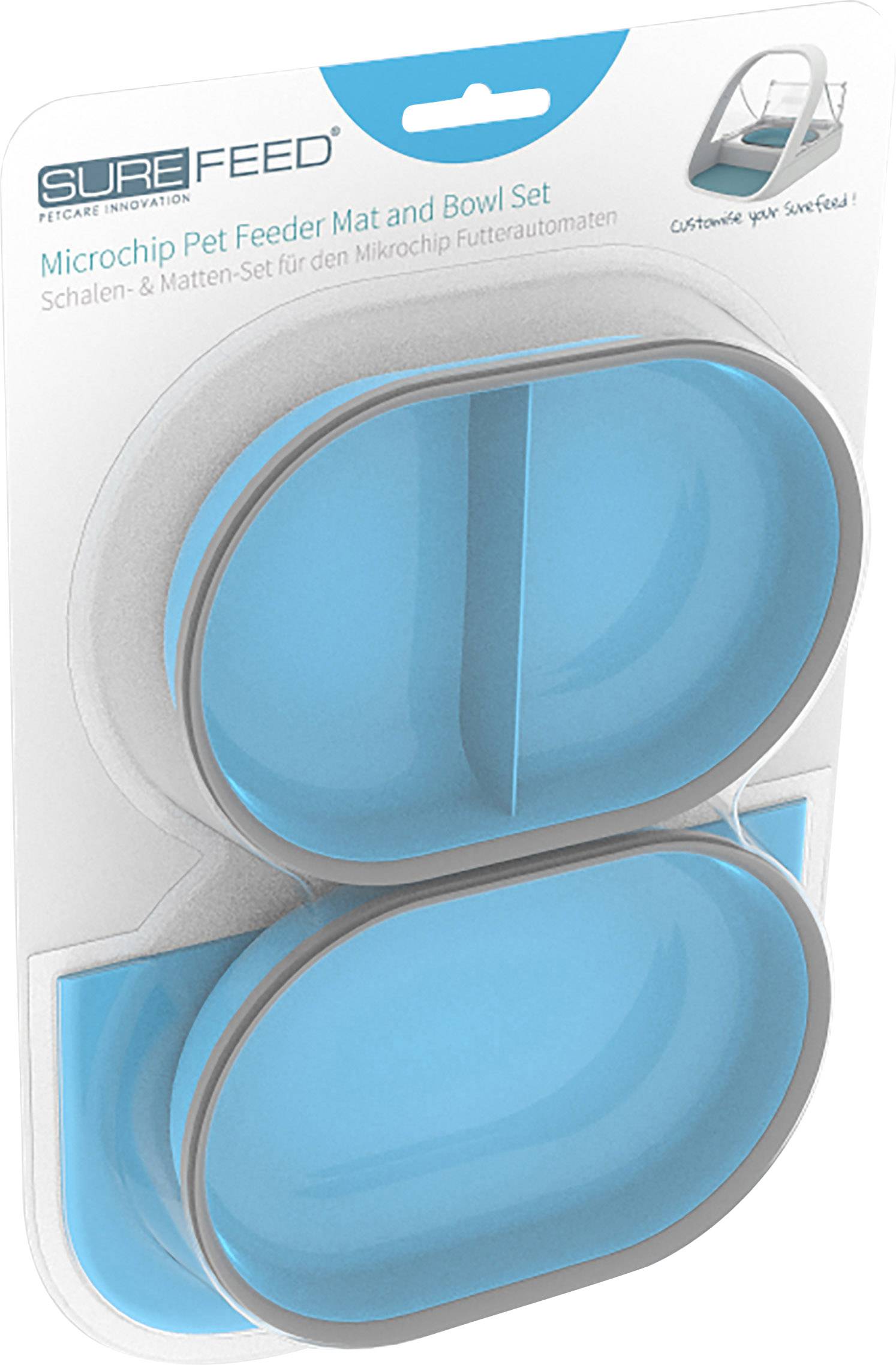 Mikrochip-Futternapf-Set in Blau, bestehend aus einer Schale und einer Matte, beide geteilt. Verpackung zeigt Anpassungsmöglichkeiten.