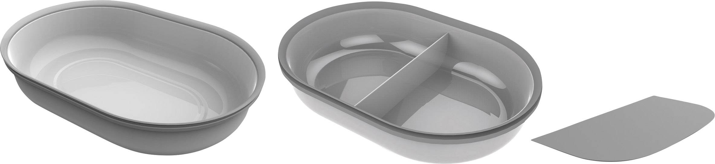 Zwei grau-weiße, ovale Schalen, eine mit Trennwand, mit passendem Deckel. Ideal für Portionskontrolle oder getrennte Aufbewahrung.