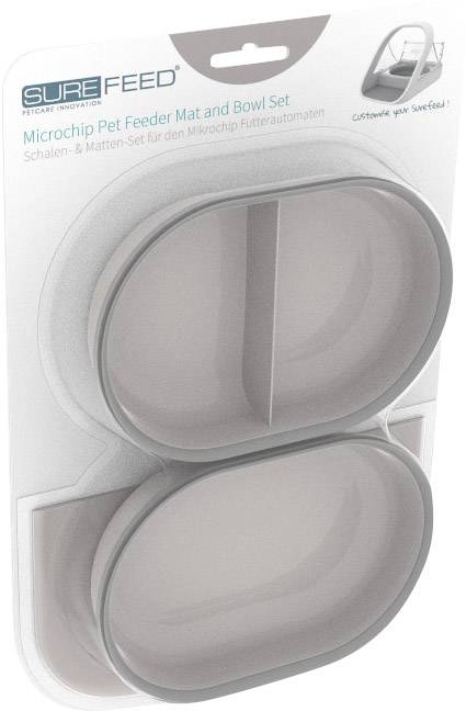 Doppelnapf-Set aus grauem Kunststoff, für Mikrochip-Futterautomat, mit Schalen und Matte, auf Verpackung dargestellt.