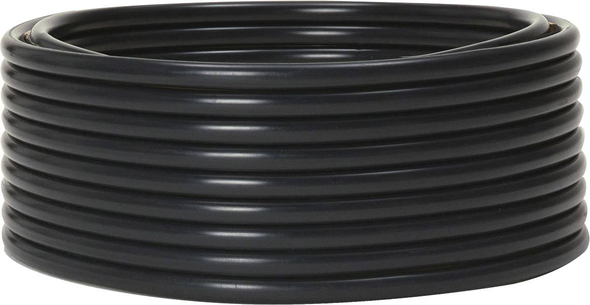 Eine schwarze Kunststoffrohrrolle, eng gewickelt in kreisförmiger Form.
