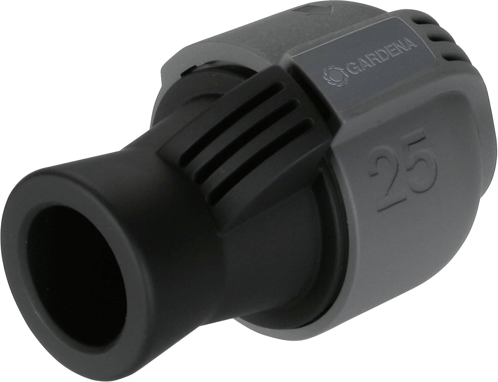 Ein schwarzer und grauer Rohrverbinder der Marke Gardena, mit '25' darauf geprägt.