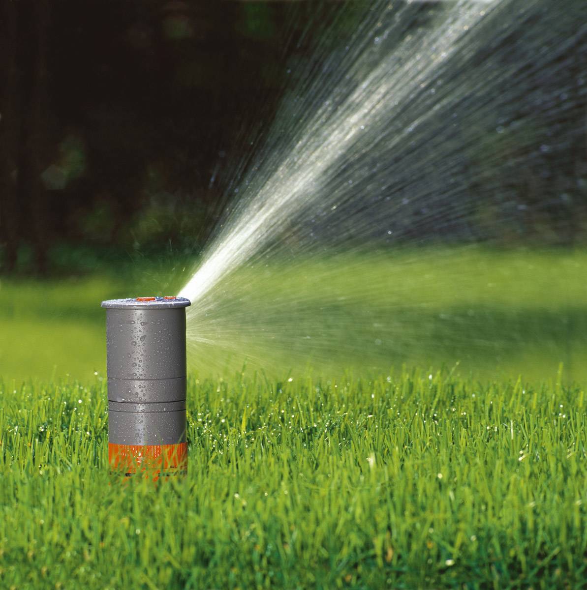 Ein Rasensprinkler auf grünem Gras, der Wasser in einem Bogen sprüht; Hintergrund leicht verschwommen.