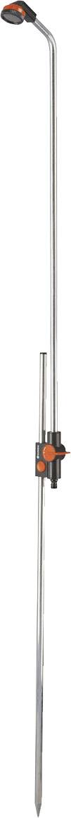 Ein verstellbarer, silberfarbener Metallpflanzenhalter mit schwarzem und orangem Clip zur Unterstützung von Gartenpflanzen.