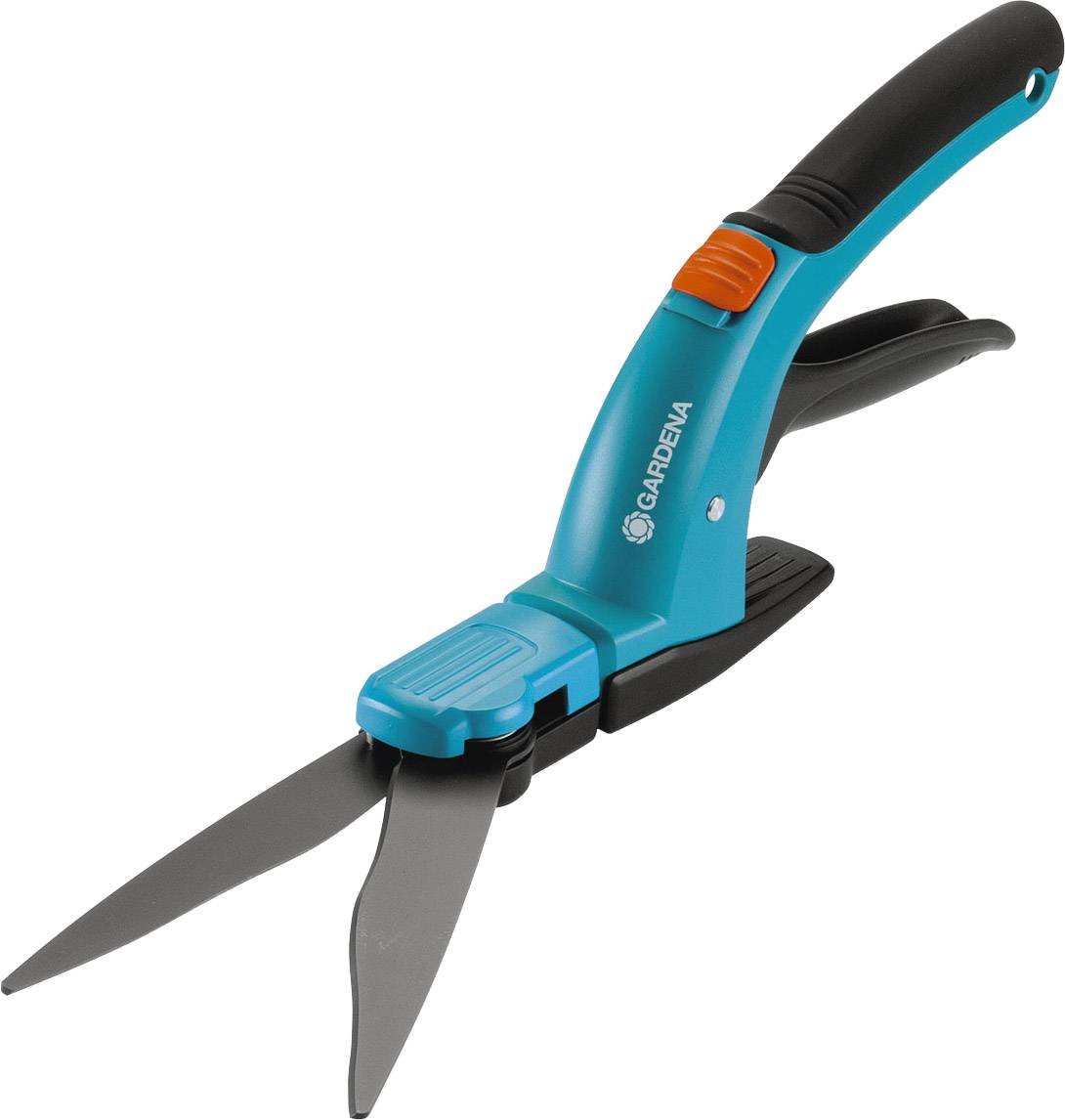 Gartenschere mit ergonomischem Griff und geschwungenen Klingen, blau und schwarz, mit orangem Verschlussknopf.