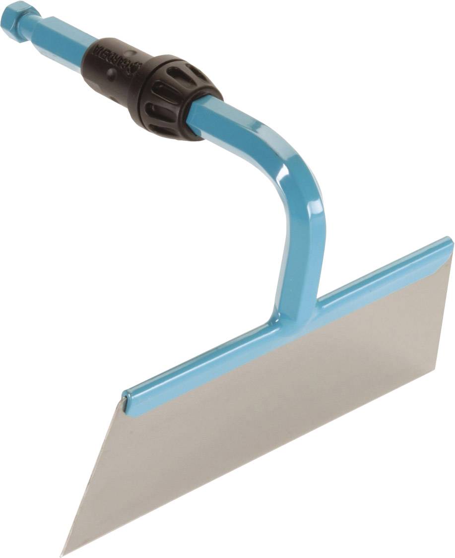 Ein blaues Handgerät mit einem breiten, rechteckigen Metallblatt, das zum Entfernen von Unkraut im Garten verwendet wird.