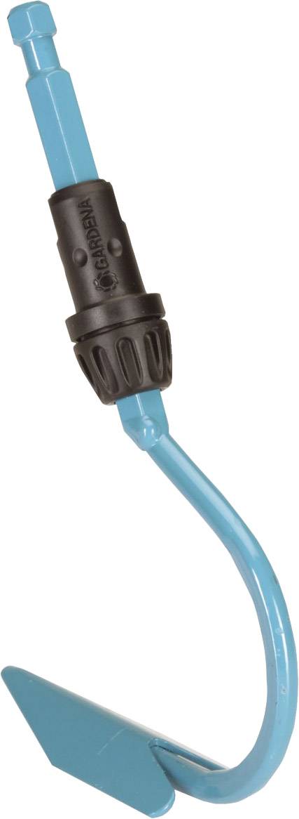 Blauer Handgrubber mit ergonomischem Griff, gebogenem Schaft und spitzer Klinge, geeignet zum Lockern von Erde in Beeten.