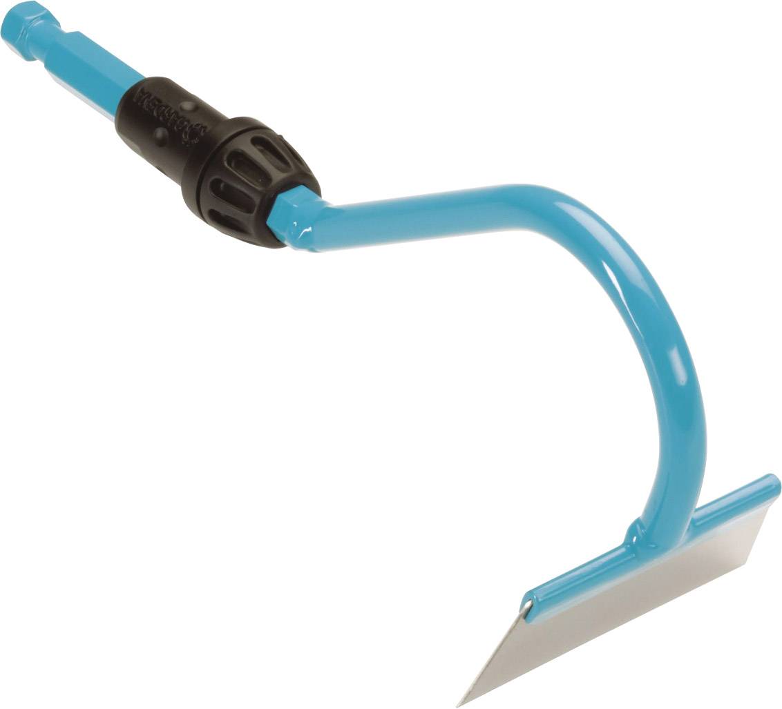 Ein blauer Handhacken aus Metall mit einem scharfen, rechteckigen Blatt. Geeignet zur Bodenbearbeitung im Garten.
