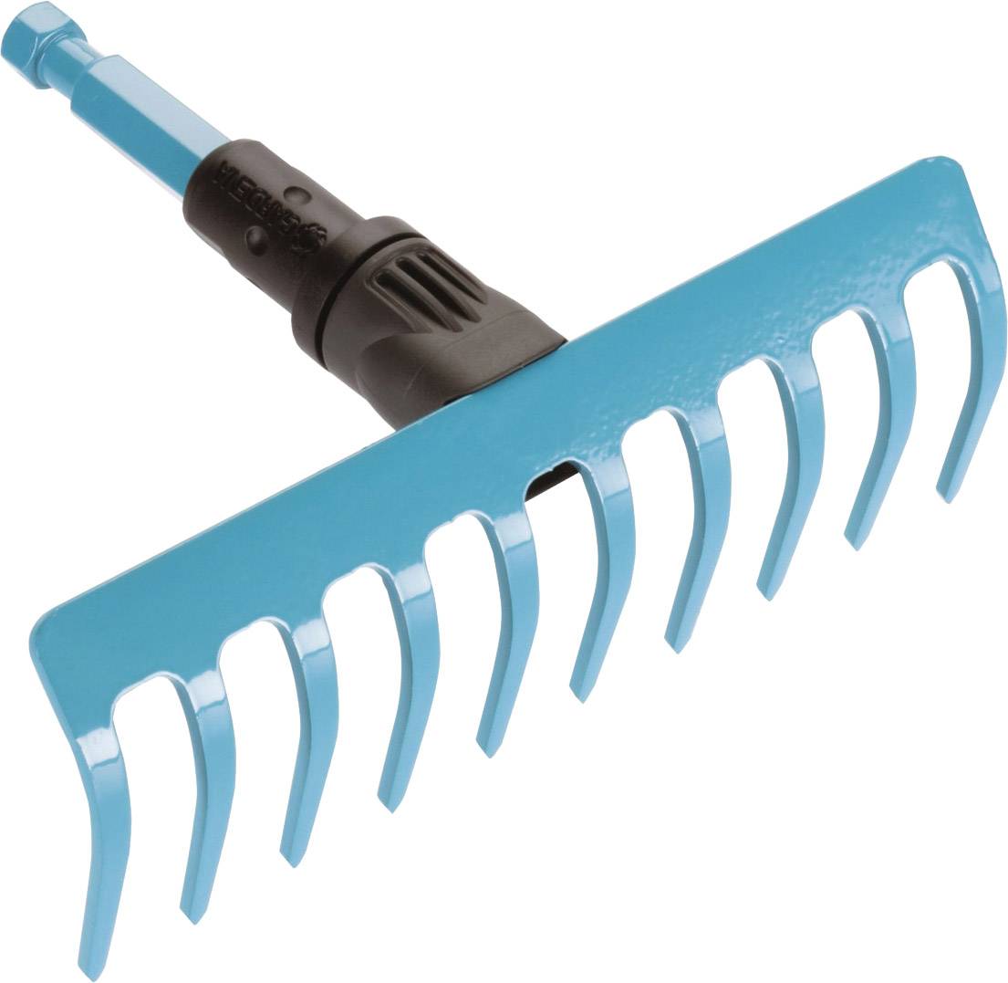 Eine blaue Gartenharke mit zehn Zinken, geeignet zum Harken von Laub oder Erde.