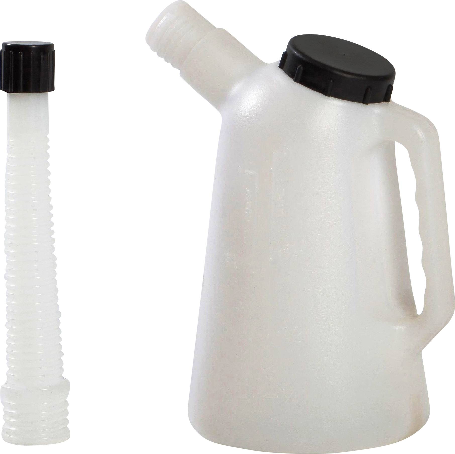 Plastikkanister mit Griff und schwarzem Schraubverschluss, daneben ein abnehmbarer flexibler Ausgießer mit schwarzem Deckel.