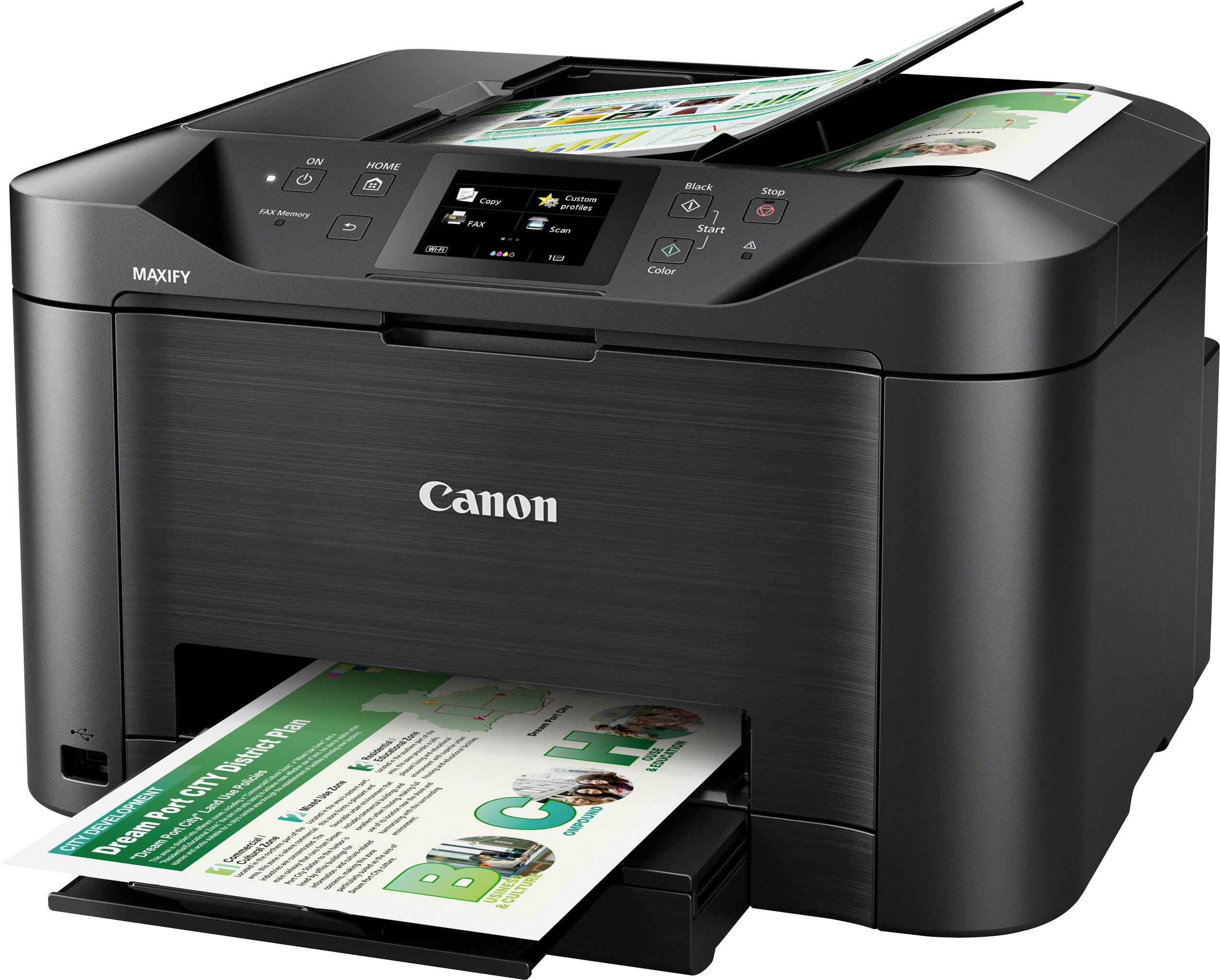 Ein schwarzer Multifunktionsdrucker von Canon druckt ein farbiges Dokument aus. Der Drucker hat ein digitales Display und Papierzufuhr oben.