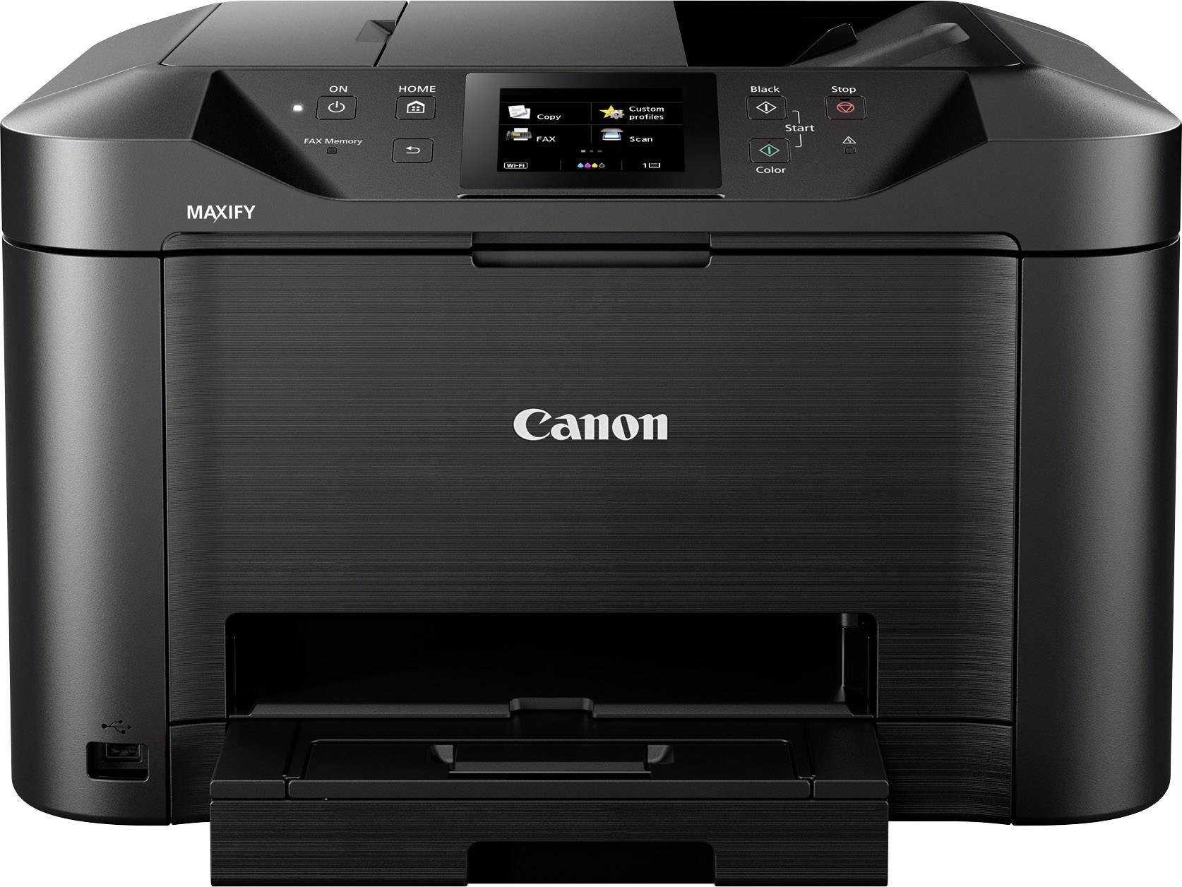 Ein schwarzer Multifunktionsdrucker auf einem Tisch. Das Display zeigt verschiedene Optionen. Marke ist auf der Vorderseite sichtbar.