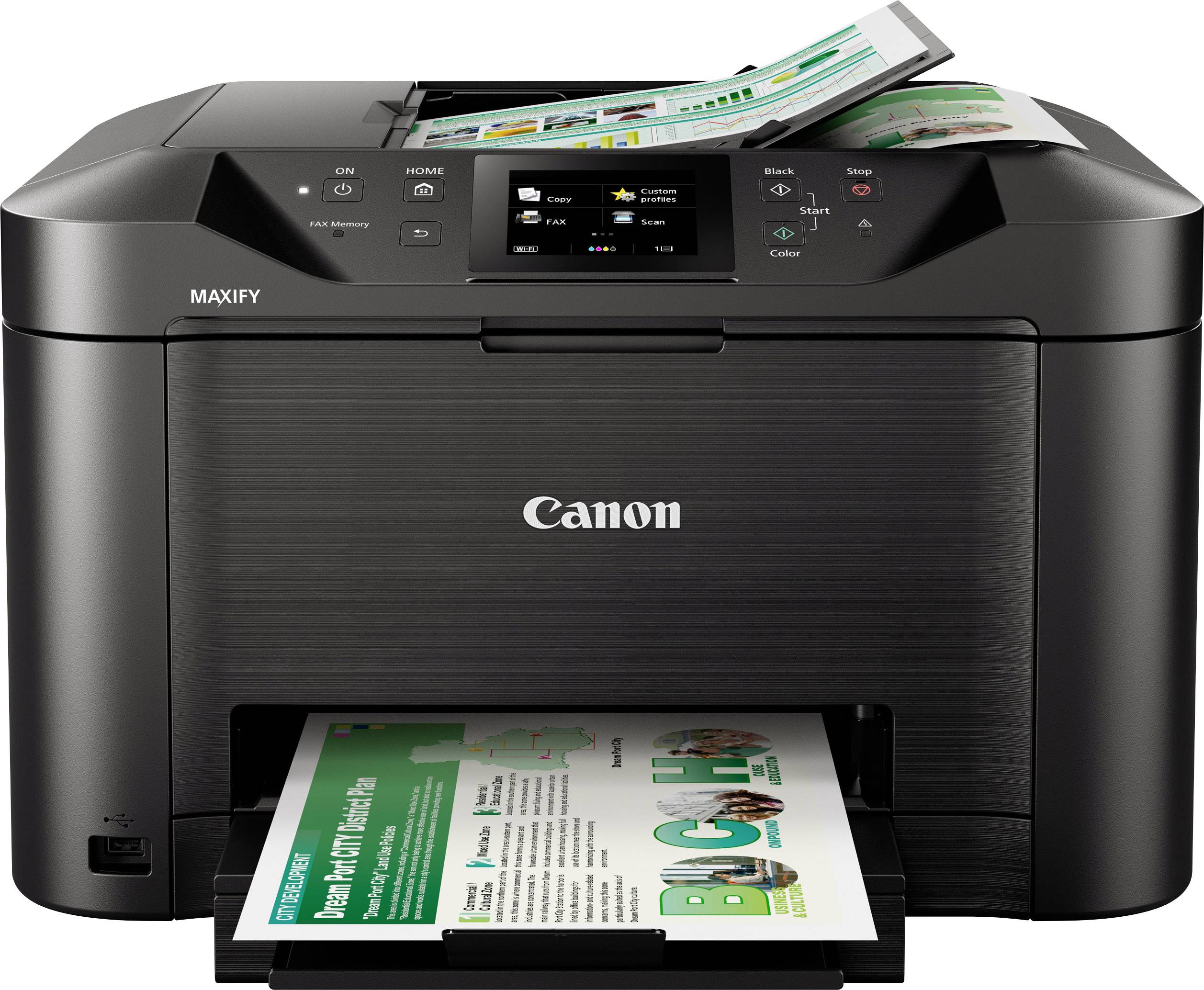 Schwarzer Multifunktionsdrucker mit farbigem Display. Zwei Dokumente werden oben eingescannt, und ein farbiges Dokument wird unten gedruckt.