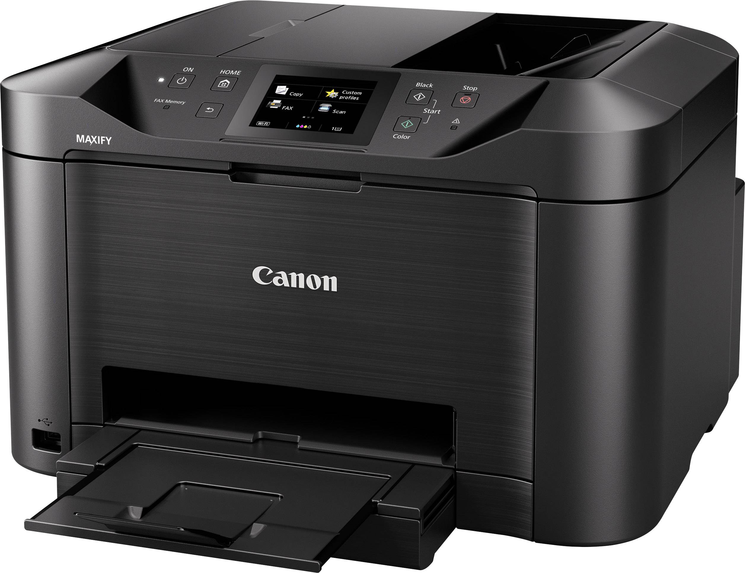 Ein schwarzer Drucker mit Display und mehreren Bedienelementen auf der Oberseite. Es ist ein Modell der Marke Canon.