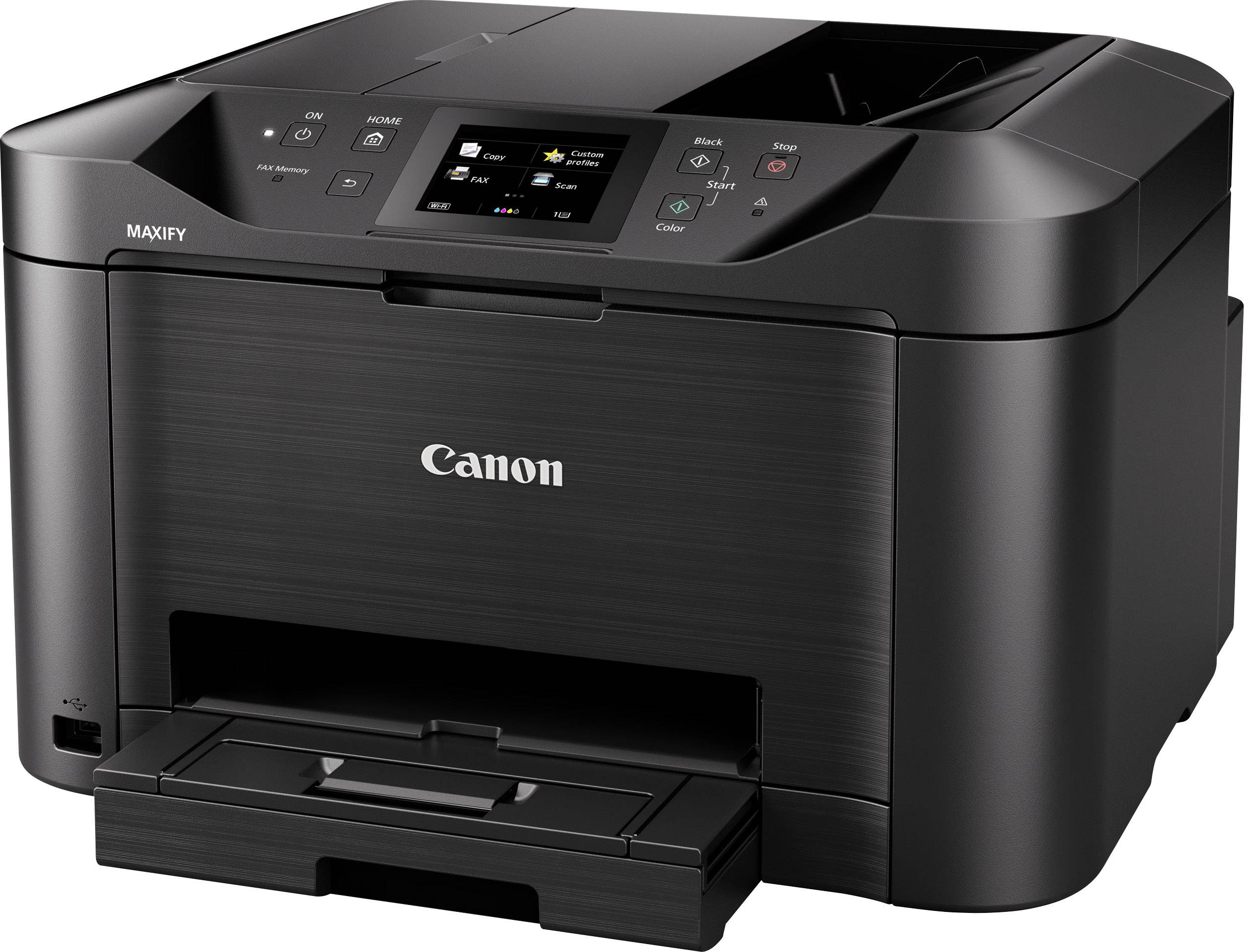 Ein schwarzer Canon MAXIFY Drucker mit Bedienfeld und Papierausgabefach vorne geöffnet.