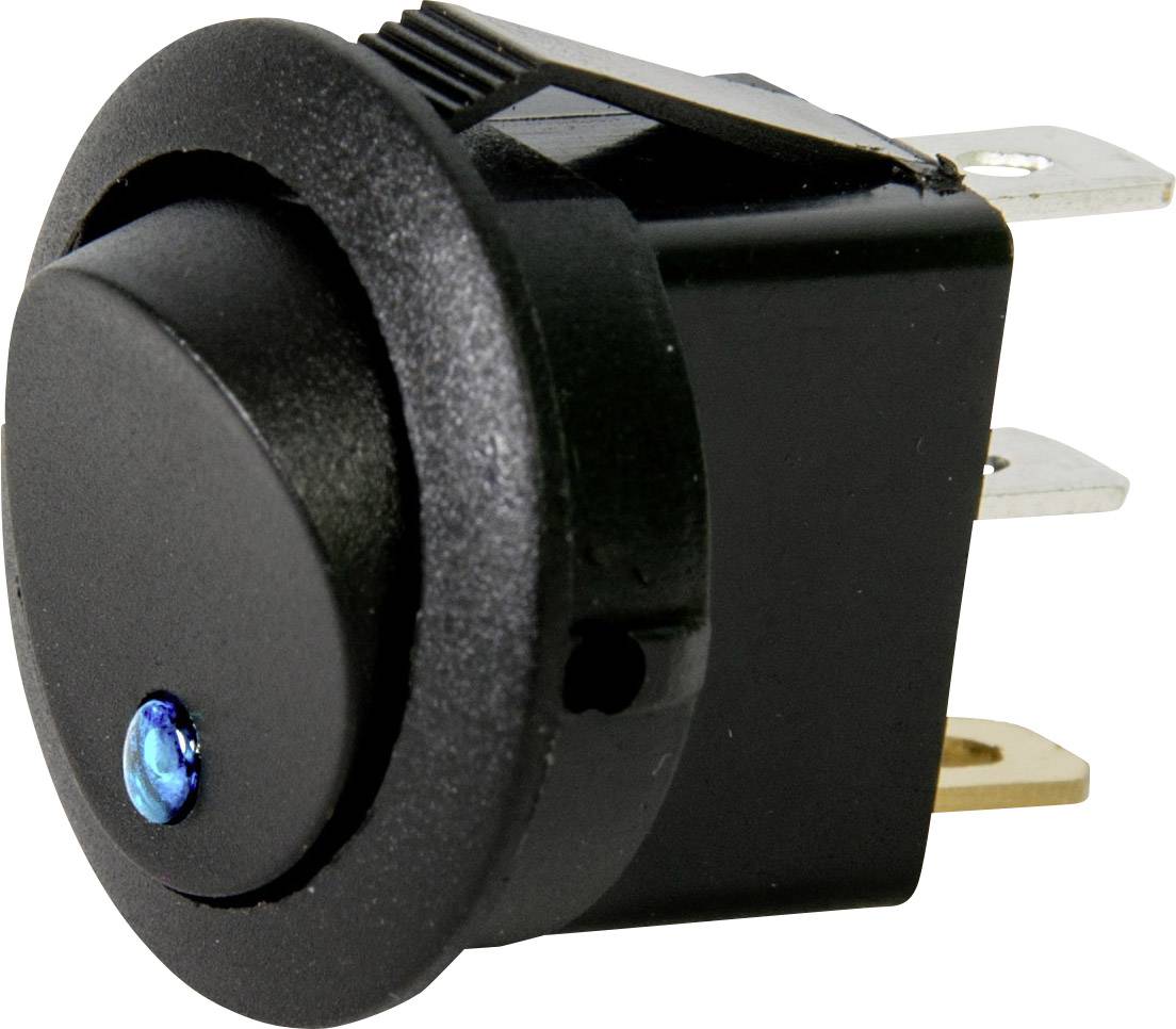 Schwarzer runder Kippschalter mit blauem LED-Licht, geeignet für elektrische Geräte, zeigt die Position 'Ein' oder 'Aus' an.