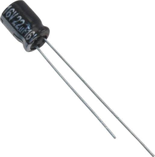 Kondensator mit zwei langen Metallanschlüssen. Der schwarze zylinderförmige Körper trägt die Beschriftung '16V 22μF'.