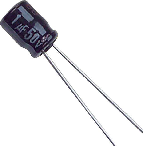 Ein schwarzer Elektrolytkondensator mit der Aufschrift '10µF 50V', zwei Drahtanschlüsse ragen heraus.