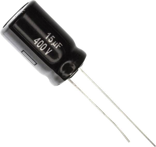 Ein schwarzer zylindrischer Elektrolytkondensator mit der Aufschrift '15µF 400V', zwei Drahtanschlüsse ragen heraus.