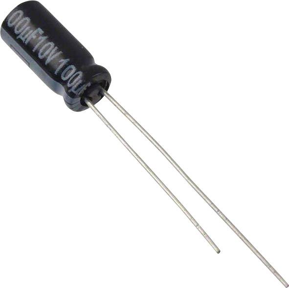 Ein schwarzer, zylindrischer Elektrolytkondensator mit der Aufschrift '100V 10µF', zwei Metallbeine ragen heraus.