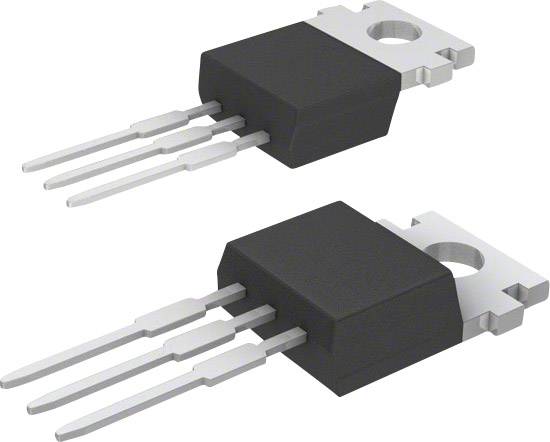 Zwei schwarze, rechteckige elektronische Bauteile mit je drei Anschlussstiften rechts nebeneinander liegend, wahrscheinlich Transistoren.