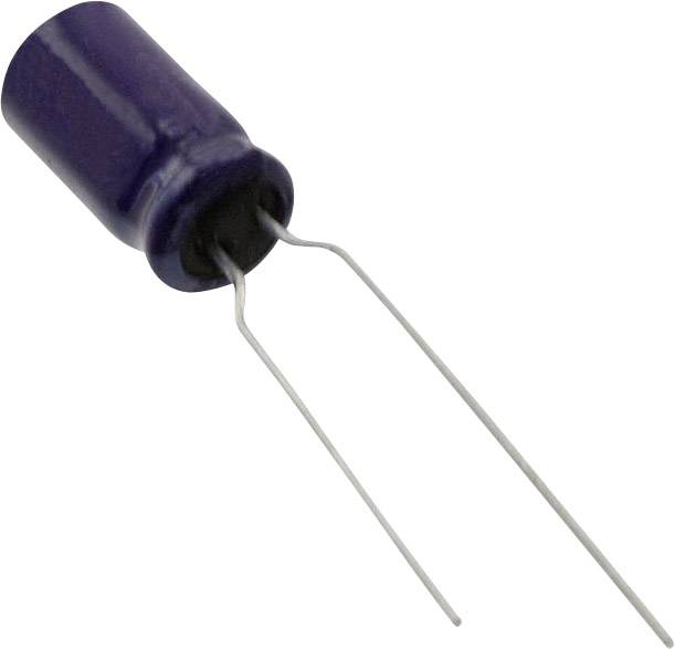 Ein blauer Elektrolytkondensator mit zwei langen Anschlussdrähten.
