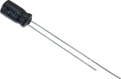 Ein schwarzer Elektrolytkondensator mit zwei langen Anschlussdrähten, der für elektronische Schaltungen verwendet wird.